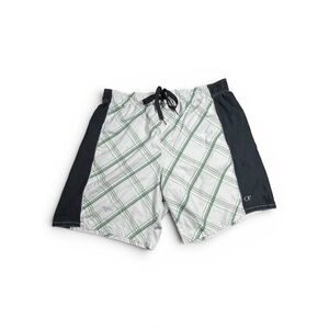 OP Mens Swim Trunks 2XL White Plaid Board Shorts Mesh Lined Elastic Waist Beach